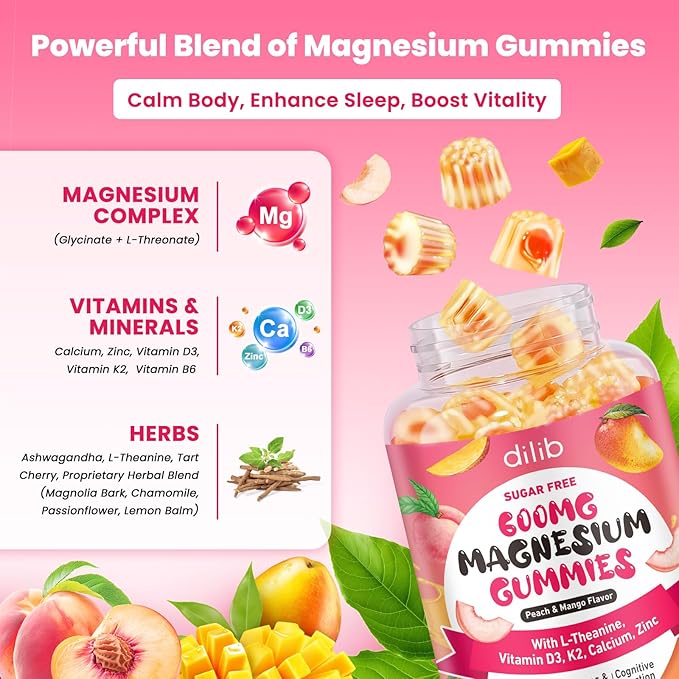 Magnesium Glycinate Gummies 600mg, Magnesium L-Threonate Supplement for Kids & Adults - Vitamin D3 K2 Zinc for Sleep Calm Muscle Relaxation Cognitive - Sugar Free Peach & Mango Center-Filled Gummies
