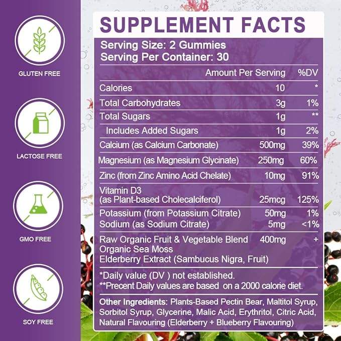 Calcium Magnesium Zinc Gummies with Vitamin D3 - High Absorption Complex Calcium Supplement with Sea Moss, Elderberry for Bone, Muscles, Immune, Mood & Sleep Support, Vegan - 60 Gummies (2 Pack)