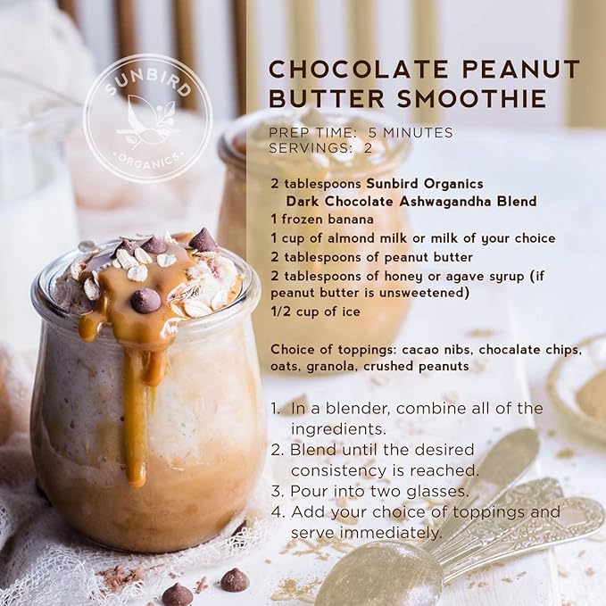 Chocolate Ashwagandha Powder with Probiotics. Healthy Hot Chocolate & Smoothie Mix. Organic Ashwagandha Root Extract, Cacao Powder & Prebiotic Fiber.