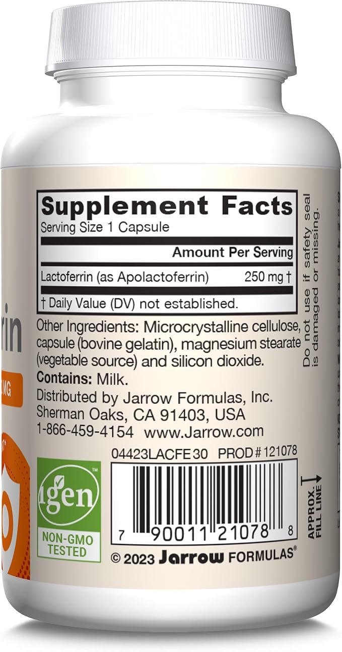 Jarrow Formulas Lactoferrin 250 mg - Immune-Supporting Glycoprotein - For Healthy Immune System Support & Iron Absorption - Freeze Dried - Gluten Free - Non-GMO - 30 Capsules (Servings)