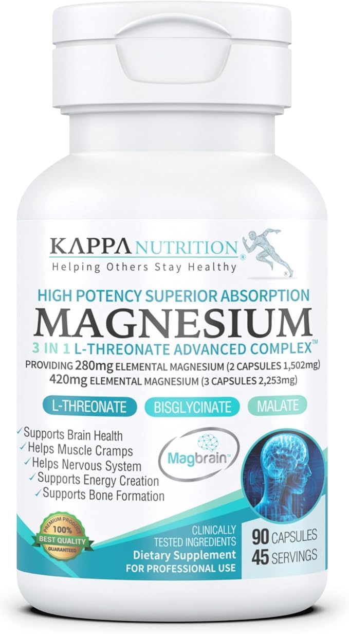 (90 Capsules), 2,253mg Per Serving, Providing 420mg Elemental Magnesium, L-Threonate, Bisglycinate Chelate, Malate, from Kappa Nutrition.