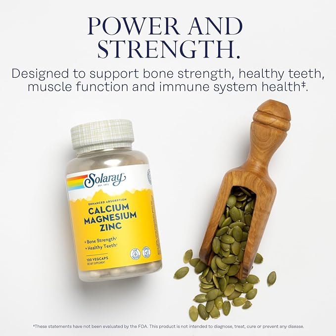 SOLARAY Calcium Magnesium Zinc Supplement - with Calcium 1000mg, Magnesium 500mg - Bone Health, Muscle Function, Heart Health and Immune Support - Vegan, 60 Day Guarantee, 25 Servings, 100 VegCaps