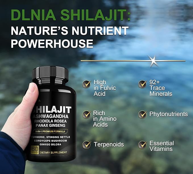 8-in-1 Shilajit for Men with Ashwaganda Himalayan Organic Supplement with Rhodiola Rosea, Ginseng, Turmeric, Mushroom Extract, for Immune Support, Energy, Calm, Focus, Clarity, Sleep, Cortisol
