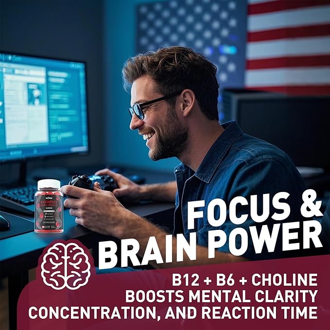 Brain & Mood Support Gummies, Super Vitamin B Complex for Men & Women, All B Vitamin B1 B2 B3 B5 B6 B7 B9 MethyB12 with PABA, Inositol, Choline, Supports MTHFR Gene & Energy, Vegan, 120Ct