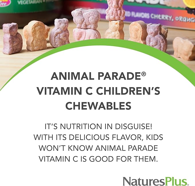 Natures Plus Animal Parade Vitamin C Children's Chewable - Natural Orange Juice Flavor - 90 Animal-Shaped Tablets - Vegan, Vegetarian, Gluten Free - 45 Servings