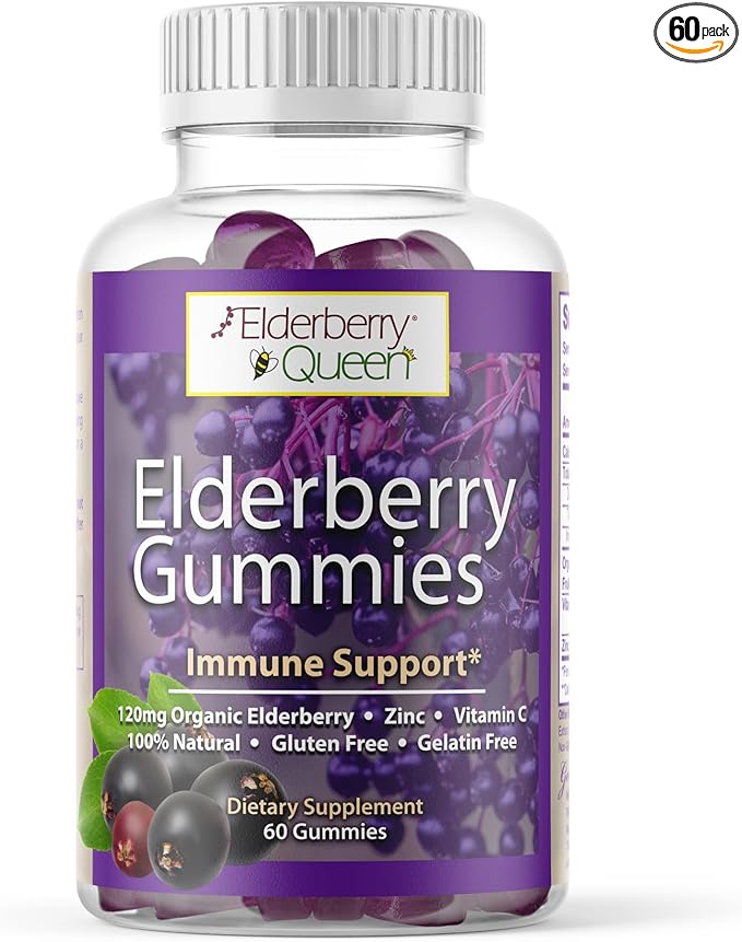 Elderberry Queen Organic Elderberry Gummies 60 ct - Immune Support Gummies with Vitamin C & Zinc - Elderberry Vitamin Gummies for Adults and Kids