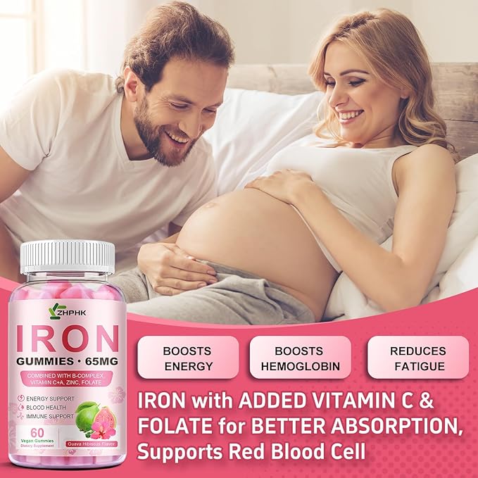 Iron Gummies for Women Men Vitamin Supplement 65mg & Vitamin C 250mg Per Serving with B6 B12 Folate- Energy Support for Iron Deficiency, Anemia, Vegan Guava Hibiscus Flavor, 120 Count