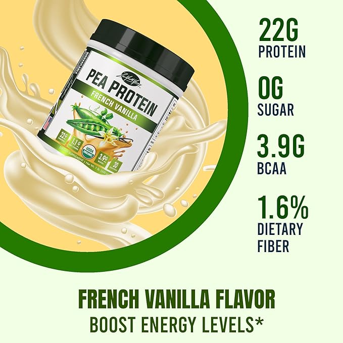 zyy Vanilla Pea Protein Powder – Organic Plant-Based Vegan Protein Shake, 20g Protein, Gluten-Free, Dairy-Free, No Sugar, Non-GMO, BCAAs – French Vanilla Flavor, Easy to Digest