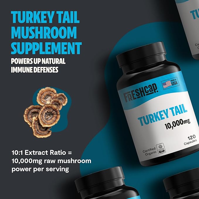 FreshCap Turkey Tail Mushroom Supplement 10,000mg – Organic Mushrooms, Turkey Tail Extract for Immune Support Supplement, Mushroom Supplement Capsules, Ayurveda Immunity Supplement (120 Capsules)