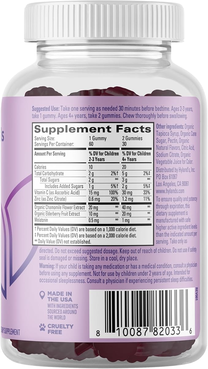 Hyland's Kids Sleep Aid, Calm and Immune Support, with Melatonin Sleep Aid Gummies, Helps with Sleeplessness and Restlessness, with Chamomile and Elderberry, 60 Vegan Gummies