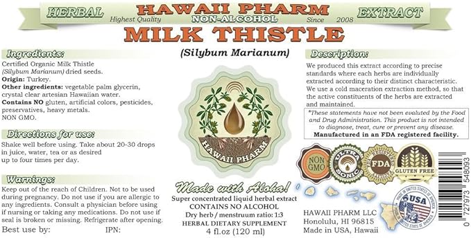 Milk Thistle Alcohol-Free Liquid Extract, Organic Milk Thistle (Silybum marianum) Dried Seed Glycerite Natural Herbal Supplement, Hawaii Pharm, USA 4 oz