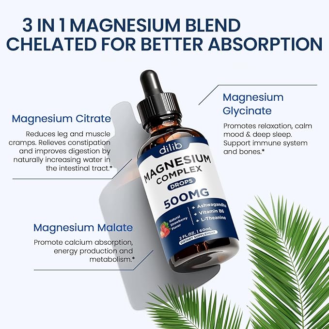 Triple Magnesium Complex Supplement-Magnesium Glycinate, Citrate, Malate Liquid Drops 500mg with Ashwagandha, L-Theanine, Vitamin B6 for Stress Relief, Sleep, Muscle Support-Strawberry Flavor