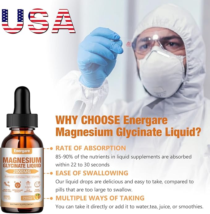 2 Pack 2000MG Magnesium Glycinate Liquid Drops Supplement for Kids & Adults - Cellulose Fiber, Bromelain, Vitamin B6, C, D, Zinc - Energy, Sleep, Clam, Pineapple Flavor, 4 Fl oz