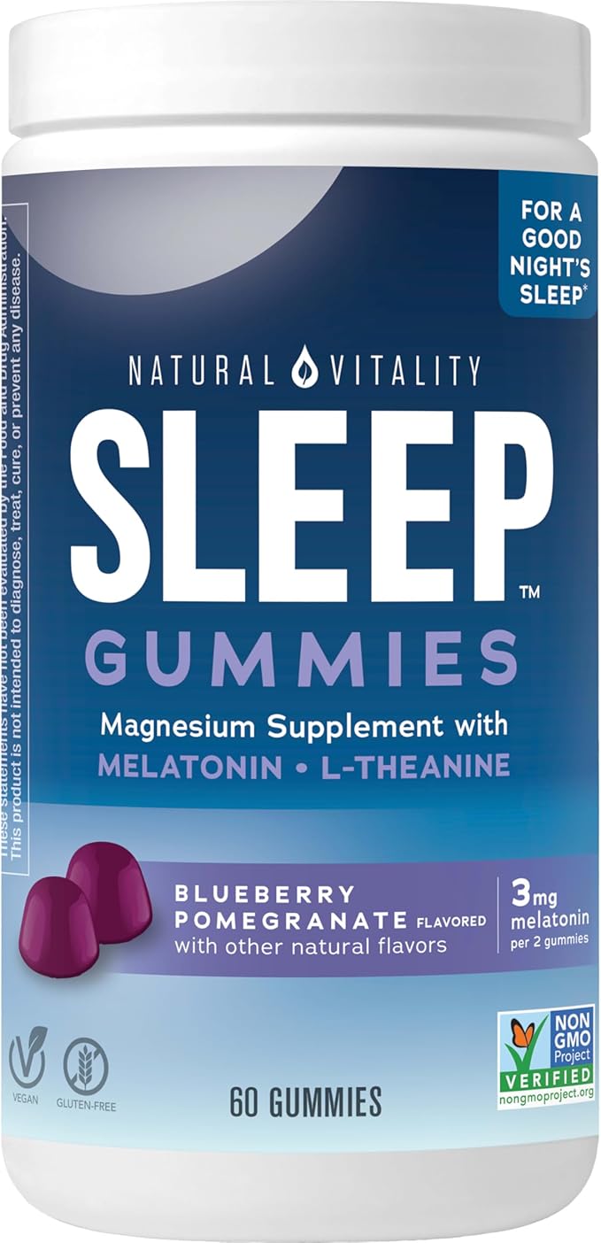Natural Vitality CALM Sleep Gummies Magnesium Supplement, Melatonin & Magnesium Citrate, Sleep Aid Gummies, L-Theanine, Gluten Free, Helps the Body Ease into Sleep, Blueberry Pomegranate 60 Count