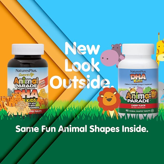 Natures Plus Animal Parade DHA Children's Chewables - Natural Cherry Flavor - 90 Chewable Animal-Shaped Tablets - Omega 3 Fatty Acid Supplement - Gluten Free - 30 Servings