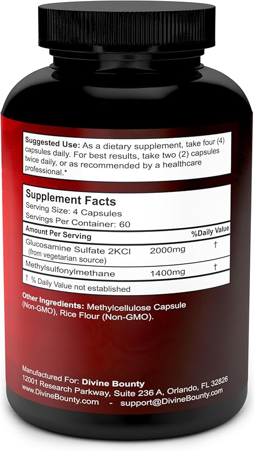 Divine Bounty Glucosamine Sulfate Supplement (2000mg per Serving) with MSM - 240 Small Vegetarian Capsules - No Shellfish or Harmful Additives