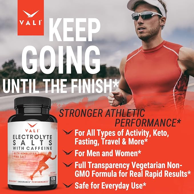 VALI Electrolyte Salts Plus 40mg Caffeine. Rapid Oral Rehydration Replacement Pills. Hydration Nutrition Powder Supplement, Energy, Recovery & Relief Fast. Fluid Health Essentials. 120 Veggie Capsules