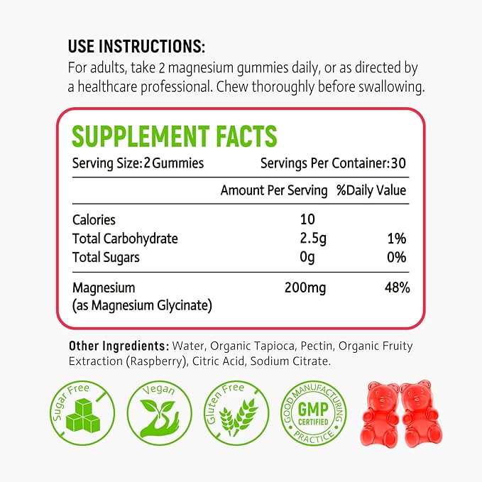 Magnesium Glycinate Gummies, High Absorption Magnesium Glycinate Supplements for Relaxation, Magnesium Chews for Adults and Kids, Raspberry Flavor 60 Count