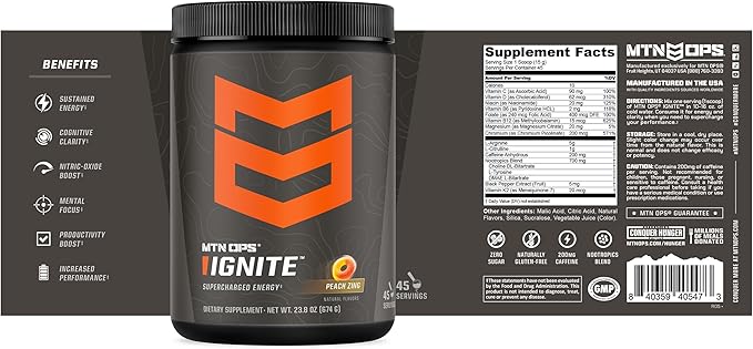 MTN OPS Ignite Energy Drink Powder, Gluten Free Nitric Oxide Supplement Drink Mix, L Arginine, L Citrulline, Caffeine & Nootropic Sugar Free Drink Mix, 45 Servings, Peach Zing