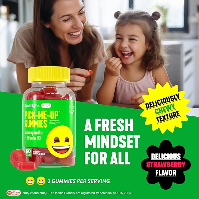 HEARTY Mood Support Supplement Gummies, Organic Ashwagandha Gummies for Women & Men, Mood Gummies for Kids, Chewable Vitamin D Gummy, Vegan Vitamin D3 Energy Supplements, 60 Count