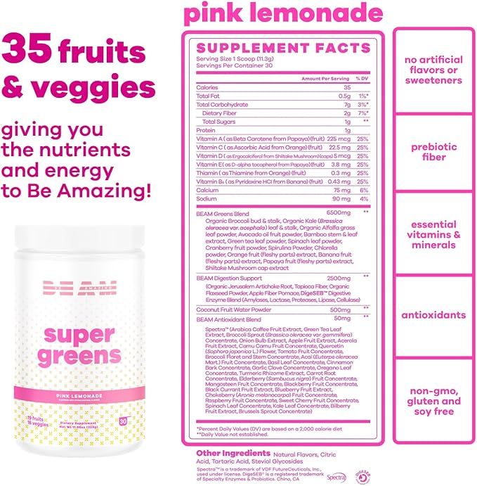 Be Amazing be Amazing Super Greens Powder with Prebiotics, Digestive Enzymes & Antioxidants | 18 Fruits & 8 Veggies | Gluten-Free Juice & Smoothie Mix | Pink Lemonade, 30 Servings, 342 g
