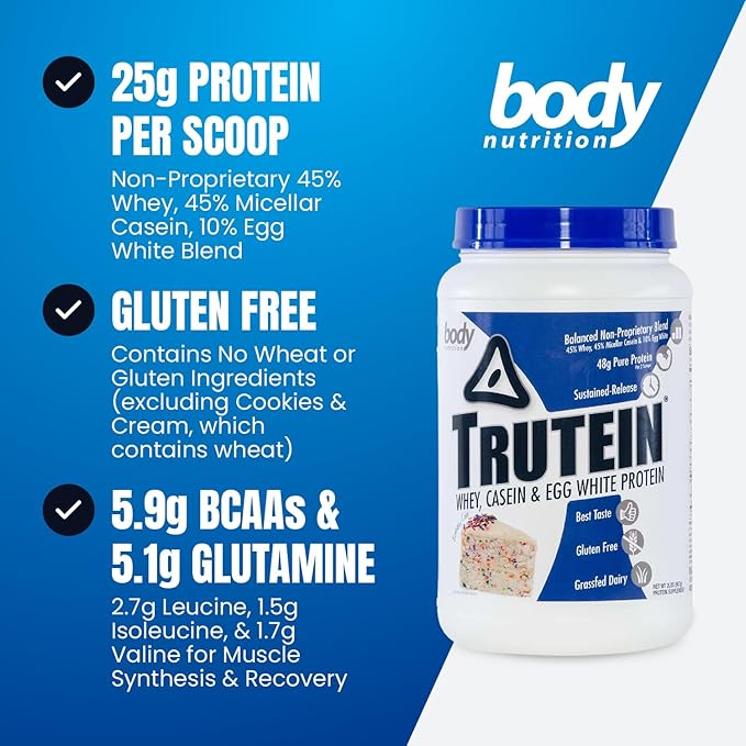 Body Nutrition Trutein High Protein Powder: 45% Whey, 45% Casein, 10% Egg White Protein Shake Mix, Gluten-Free, Low Sodium, Low Carb Protein Supplement Powder for Men & Women, Birthday Cake, 2lb