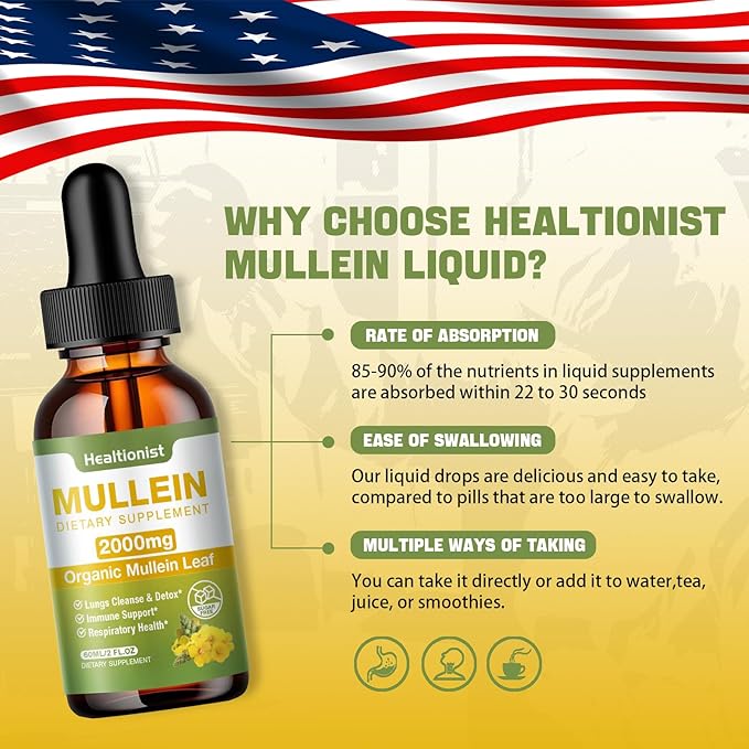 2 Pack Mullein Drops for Lungs - Leaf Extract Liquid - Powerful Mullein for Immune Support, Cleanse - Detox & Respiratory, Digestive System, Natural Herbal Supplement Tincture, Tea - 4 fl oz Vegan