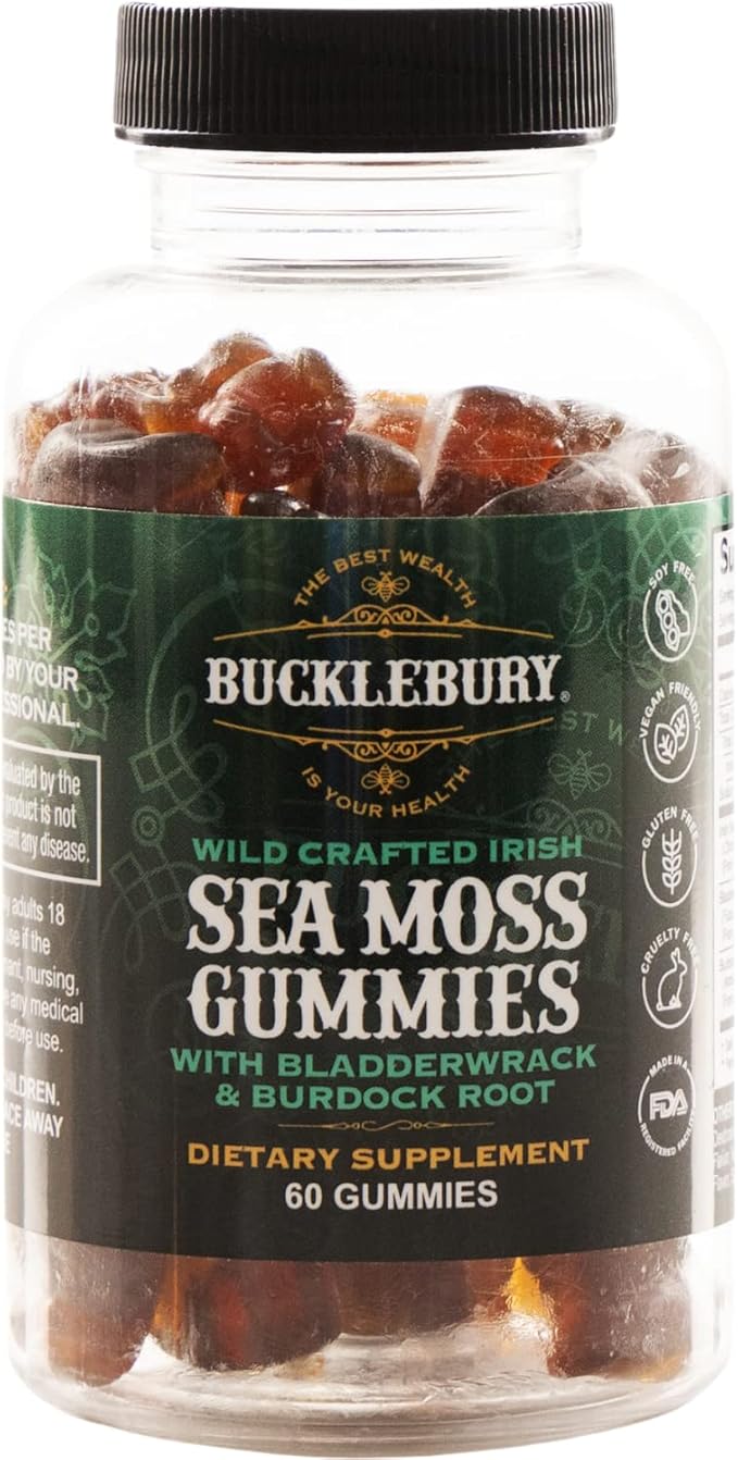 Wild Crafted Irish Sea Moss Gummies with Bladderwrack & Burdock Root - Chewable Natural Multivitamin Vegan Gummies for Immune, Thyroid, Digestive, and Gut Support - 60 Gummies