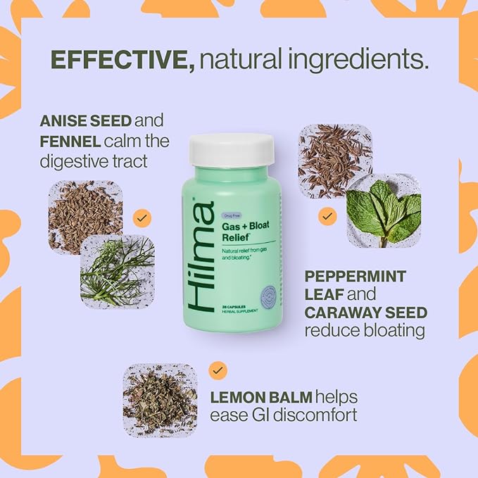 Hilma Natural Gas & Bloating Relief for Women – Doctor Formulated with Organic Ingredients – Lemon Balm, Fennel & Peppermint Leaf – 50 Vegan Capsules