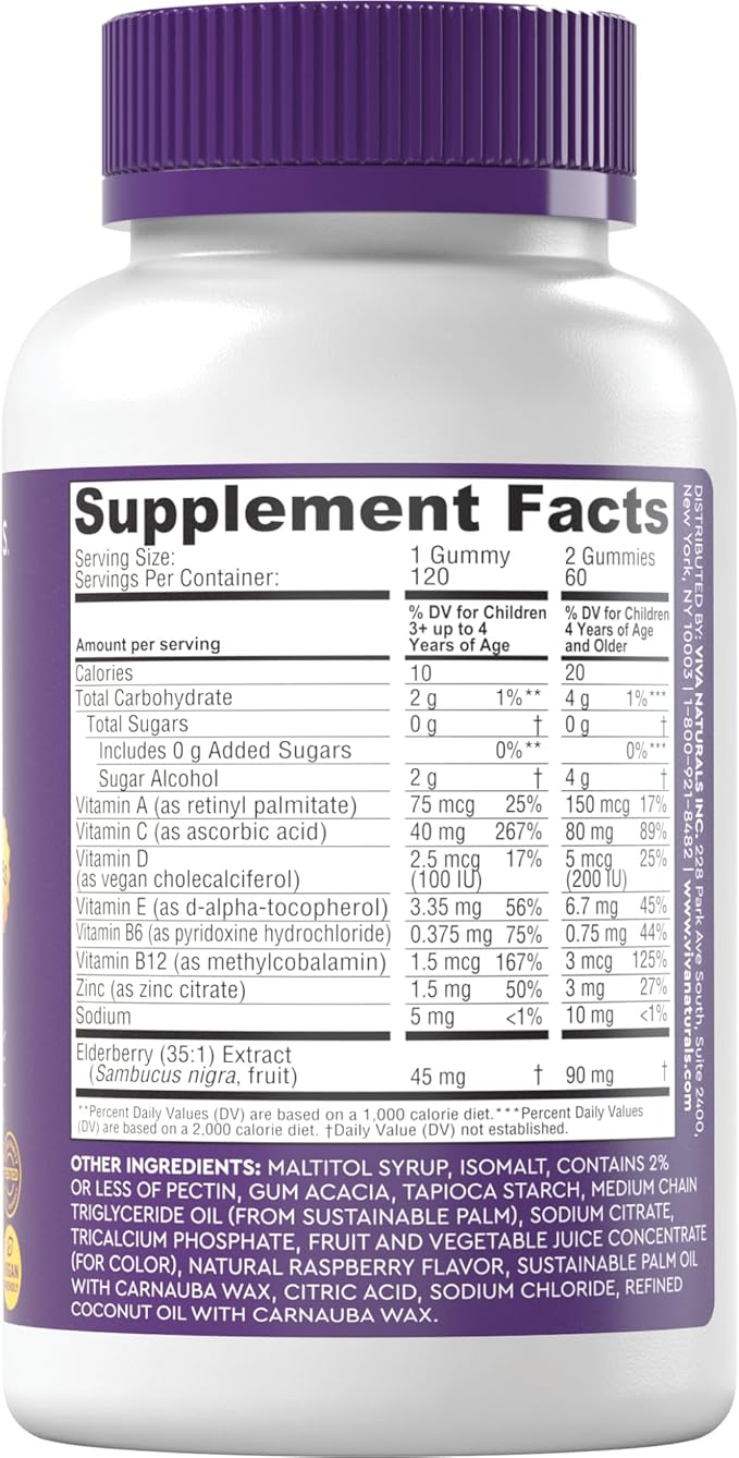 Sambucus Elderberry Gummies for Kids with Vitamin C and Zinc (120 Count) - Sugar-Free 8-in-1 Immune Support Gummy - Chewable Vegan, Gluten-Free Sambucus Elderberry Gummy for Kids, Immunity Gummies