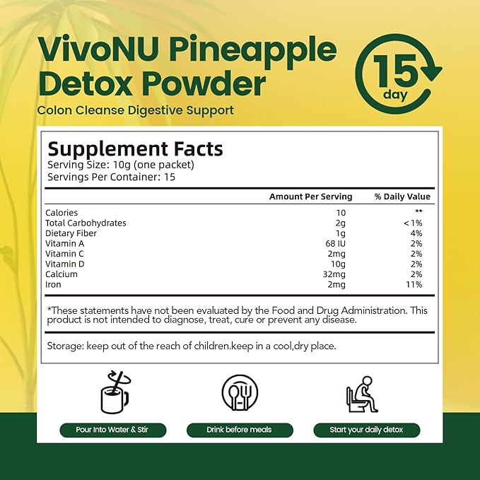 Colon Cleanse Digestive Support/Pineapple Detox Powder/Natura/Sweetener Without Artificia/Flavors - Daily Fiber for Toxin Elimination to Reduce Bloating