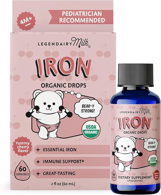 Legendairy Milk Organic Liquid Iron Supplements for Kids - Sugar Free Liquid Iron for Kids - for Ages 4 Months to 3 Years - Cherry Flavor, 60 Servings