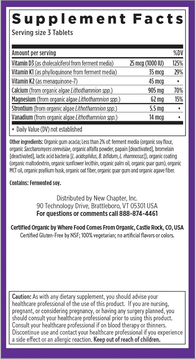New Chapter Calcium Supplement - Bone Strength Organic Calcium with Magnesium, Vitamin D3+K2, 70+ Trace Minerals for Bone Health, Gluten Free, Easy to Swallow Slim Calcium Tablets - 60 Count
