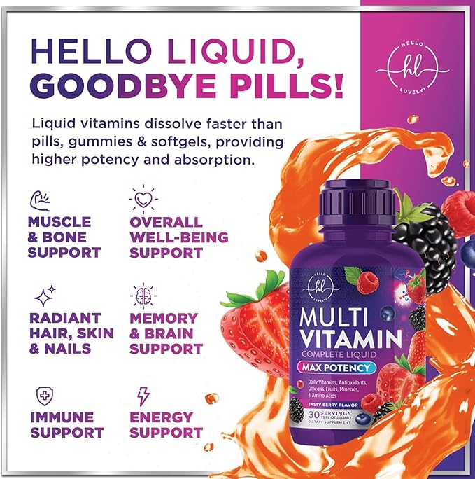 Multivitamin for Women, Men & Kids - Multi Vitamins Liquid & Multimineral, Vegan & Sugar Free, Vitamins A, C, D3, E, B6, B12 & Zinc, Womens Multi Vitamin & Immune Support, Berry Flavor - 15 Fl Oz