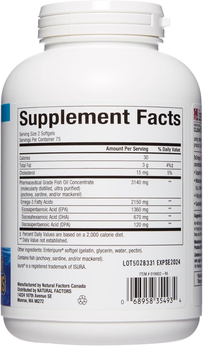 Natural Factors Ultra Strength RxOmega-3 Fish Oil, High Potency Formula, 2,150 mg Omega-3 Per Serving, No Fishy Aftertaste, 150 Softgels