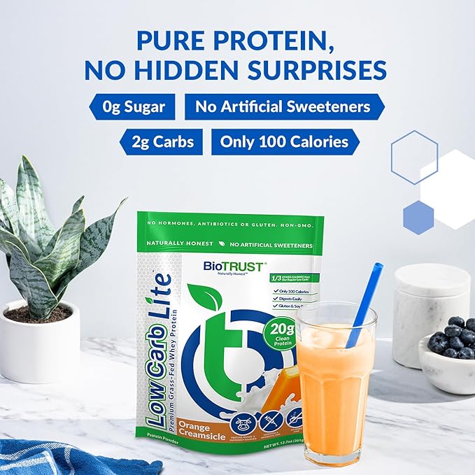BioTrust Low Carb Lite, 20 Grams of Grass-Fed Whey Protein Isolate, 100 Calories, ProHydrolase Digestive Enzymes, Non-GMO, Free from Soy and Gluten, rBGH-Free (14 Servings) (Orange Cream)