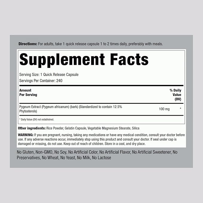 Piping Rock Pygeum Supplement 100mg | 240 Count | Standardized Extract | Non-GMO, Gluten Free