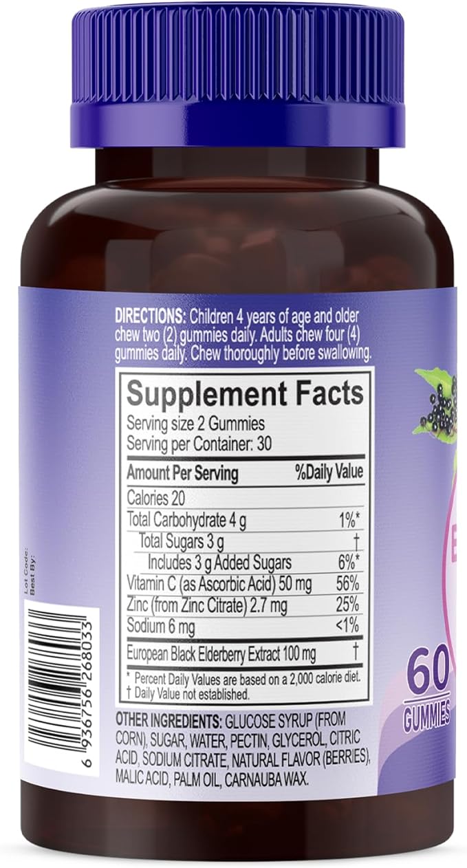 Natural Black Elderberry Gummies, Elderberry Fruit Extract with Vitamin C and Zinc, Herbal ElderCraft® Gummies Daily Immune Support for Kids and Adults, GMO Free, Gluten Free, 60 Count