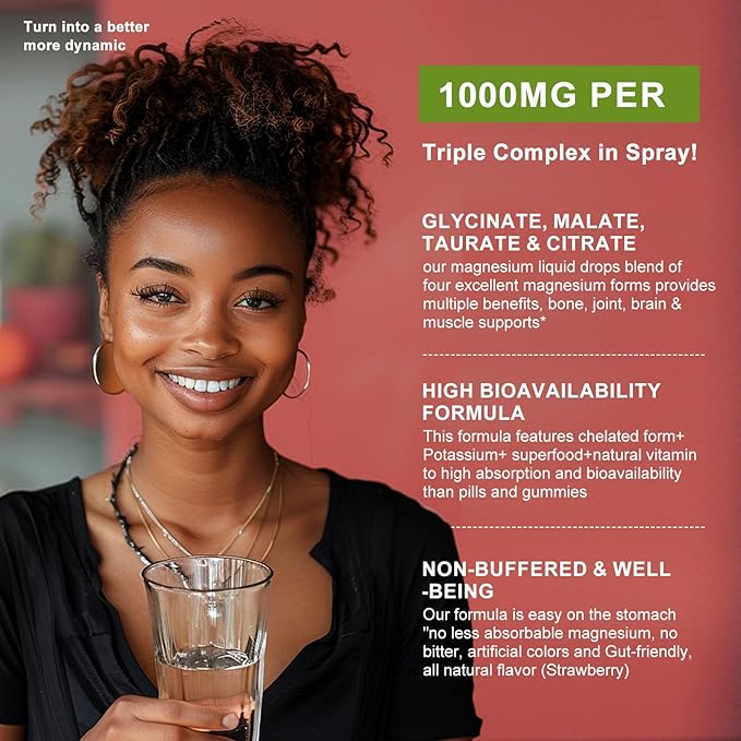 Magnesium Glycinate Liquid Spray with Citrate, Oxide & Malate, Magnesium with Whole Vitamin, L-Theanine, D3K2, B6 for Heart, Leg Cramps,Muscles&Energy- Sugar-Free Strawberry Flavor, 2 Fl Oz