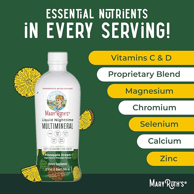 MaryRuth's Liquid Nighttime Multimineral | Sugar Free | Calm Magnesium Citrate | NO Melatonin | Calcium Magnesium Zinc | Muscle Relaxation | Available in 4 Flavors | Vegan | Gluten Free | 32 Servings