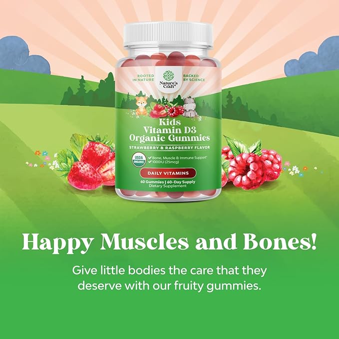 Natures Craft Organic Vitamin D Gummies for Kids - Vegan Kids Immunity Support Gummies with Vitamin D for Daily Teeth Muscle & Bone Support - Organic D3 Non GMO & Gluten Free 2 Month