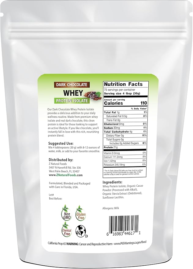 Z Natural Foods Dark Chocolate Whey Protein Isolate, Natural Protein Powder with Zero Sugar, Enriched with Vital Proteins for Energy Boost and Weight Loss, Gluten Free, Non-GMO, 5 lbs