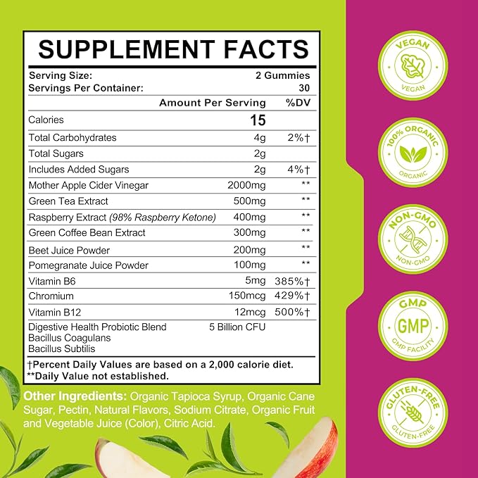 Apple Cider Vinegar Gummies, Keto ACV Gummies 2000MG for Cleanse & Detox, Max Strength ACV Keto Gummies with Green Tea, Raspberry, B12 and Probiotics for Metabolism & Digestive Health -2 Months Supply
