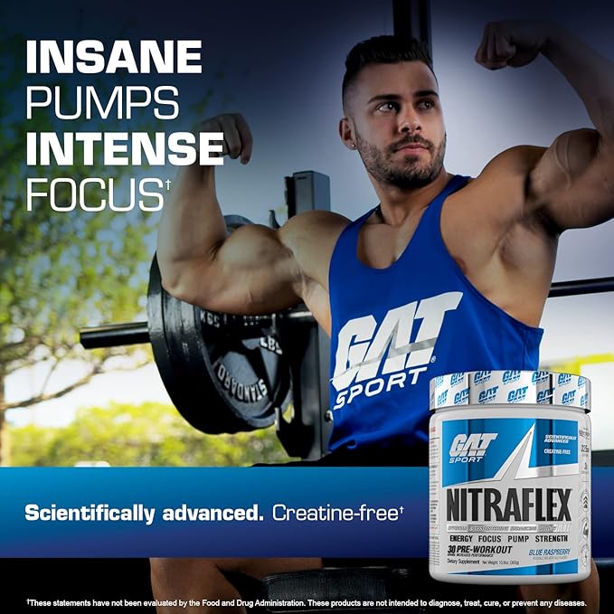 GAT SPORT Nitraflex Advanced Pre-Workout Powder, Increases Blood Flow, Boosts Strength and Energy, Improves Exercise Performance, Creatine-Free (Green Apple, 30 Servings)