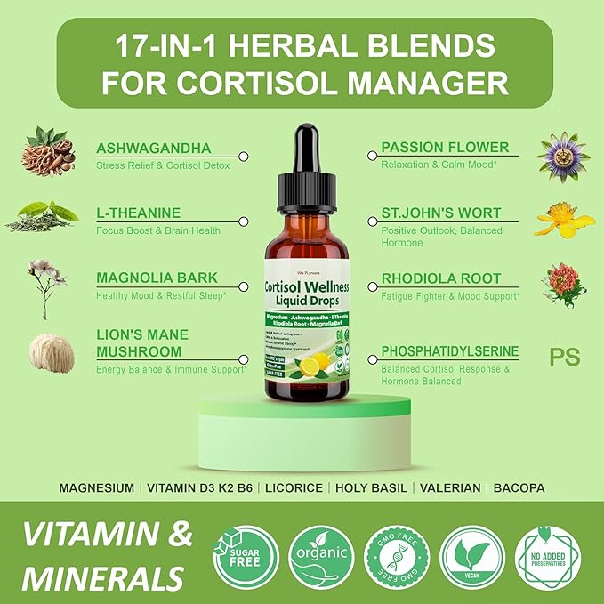 2 Pack Cortisol Supplement Liquid Drops, 17-in-1 Cortisol Detox w. Magnesium Glycinate 400mg Ashwagandha, L-Theanine, Phosphatidylserine, Hormone Balanced for Women, Mood Focus, Sleep Support