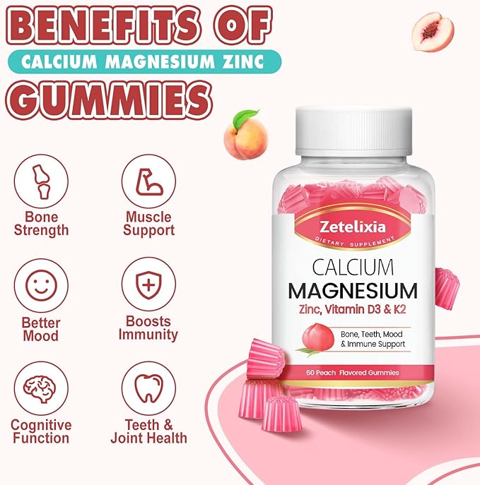 Sugar Free Calcium Citrate Gummies, Calcium Magnesium Gummies with Vitamin D3 & K2 for Bones Muscles and Joints, Peach Flavor - 120 Ct