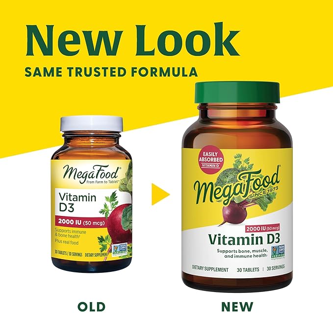 MegaFood Vitamin D3 2000 IU (50 mcg) - Vitamin D Supplements with Real Food, Immune Support, Supports Bones, Teeth & Muscles, Vegetarian, Certified Non-GMO, Kosher – 60 Tablets, 60 Servings