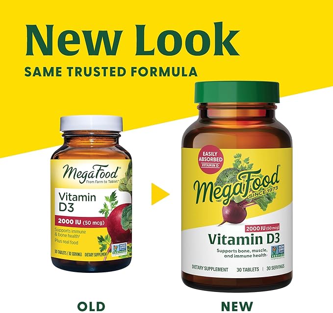 MegaFood Vitamin D3 2000 IU (50 mcg) - Vitamin D Supplements with Real Food, Immune Support, Supports Bones, Teeth & Muscles, Vegetarian, Certified Non-GMO, Kosher – 30 Tablets, 30 Servings