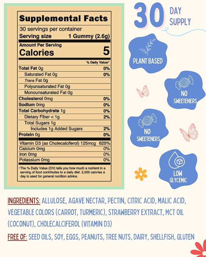 5,000IU Adult Vitamin D3 Gummies - Organic, Plant-Based, Non-GMO, Sugar-Free, Low Glycemic | Supports Bones, Immunity, Mood & Sleep