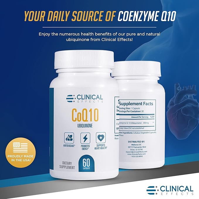 Clinical Effects CoQ10 Supplement - Coenzyme Q10 200mg - 30-Day Supply - Ubiquinone Antioxidant Supplement for Heart Health, Cognitive Functions and Energy Support - 1 Capsule a Day - Made in The USA